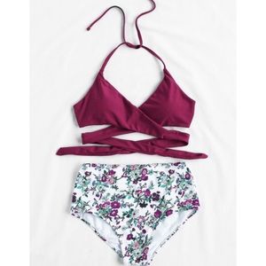 Calico Print High Waist Wrap Bikini Set
